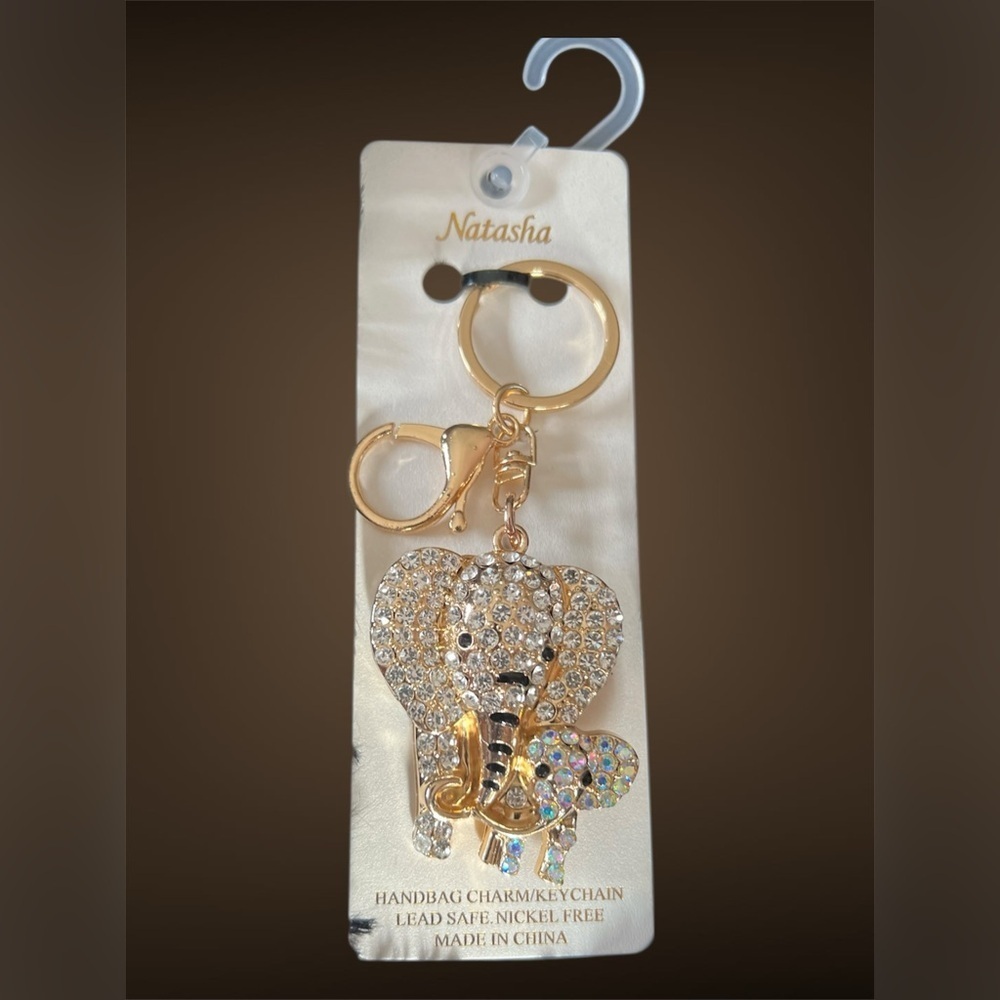 ๐๐Natasha Gold with Crystals Elephant Mom & Baby Purse Charm Keychain.๐๐NWT